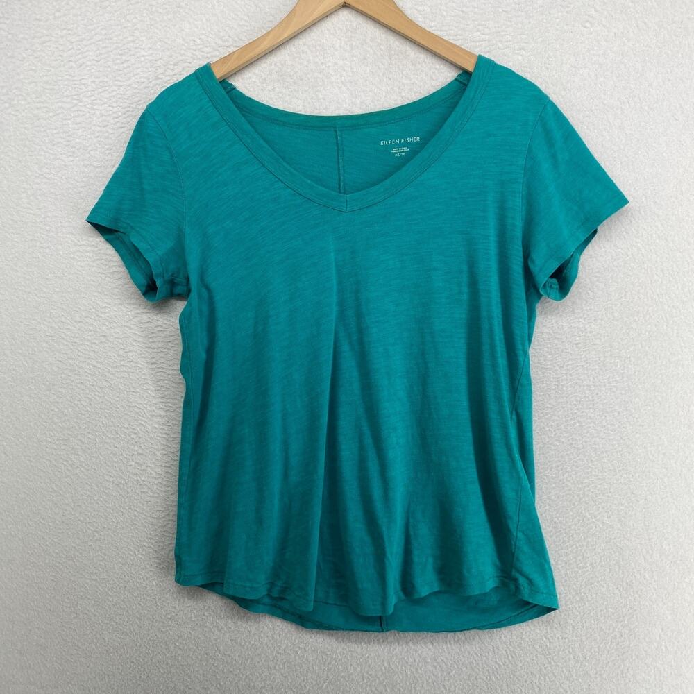 EILEEN FISHER Top XS Slub Organic Cotton Jersey V-Neck Short Sleeve Basic Green